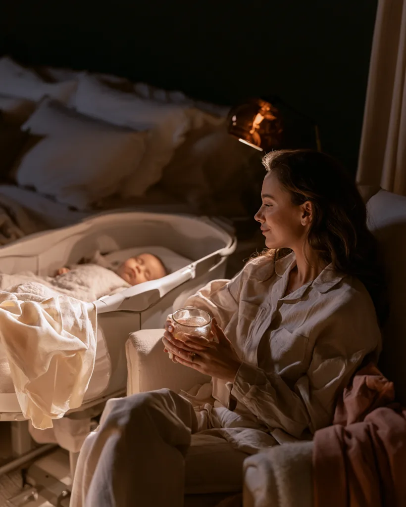 Mãe observando o bebê dormir no berço, ambiente noturno tranquilo